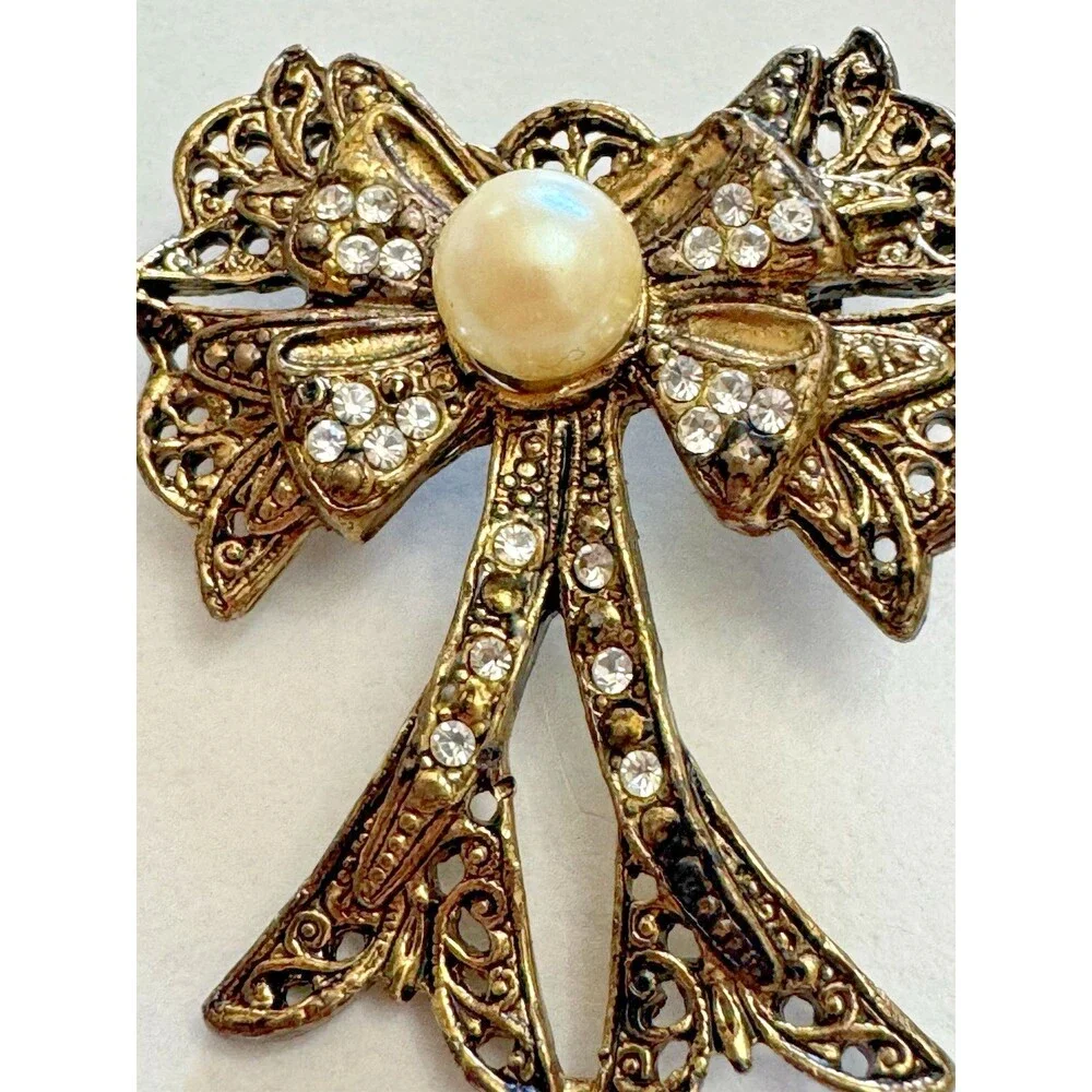 Vintage Gold Tone Bow Brooch Faux Pearl & Rhinestones 1.5 Inch